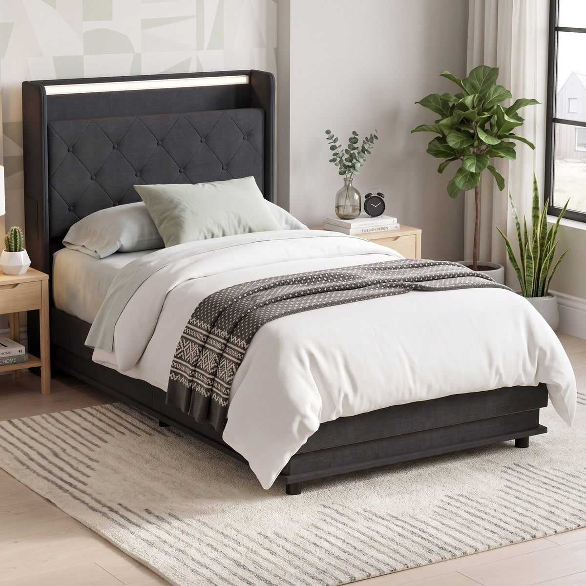 3ft Single Ottoman Bed Frame with Hydraulic Storage, APP Control LED Lights and Charging Station, Upholstered Lift Up Storage Bed Frame with Headboard, No Box Spring Needed, Black