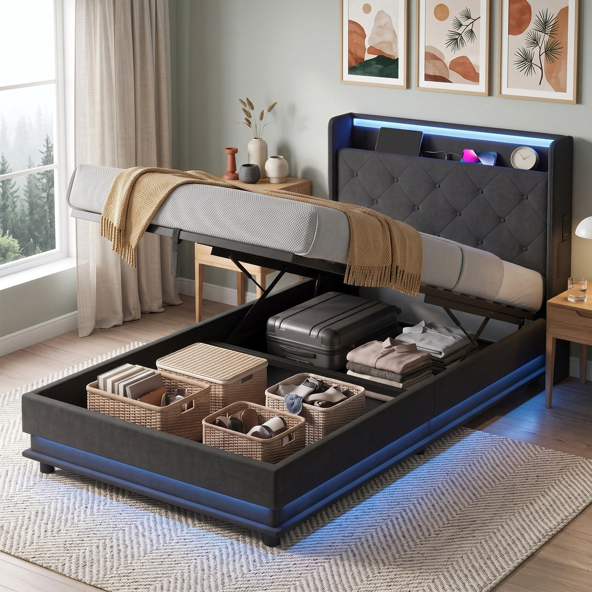 3ft Single Ottoman Bed Frame with Hydraulic Storage, APP Control LED Lights and Charging Station, Upholstered Lift Up Storage Bed Frame with Headboard, No Box Spring Needed, Black