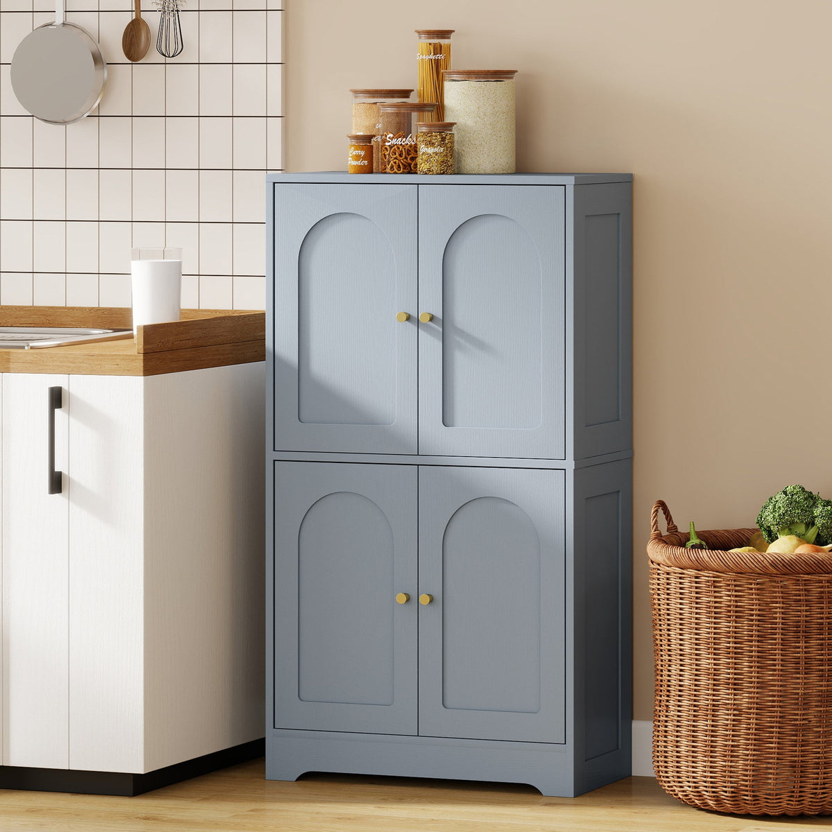 110cm Kitchen Cupboard, Freestanding Kitchen Storage Cabinet with 4 Arched Doors and 2 Adjustable Shelves, Modern Pantry Cupboard for Dining Room, Grey