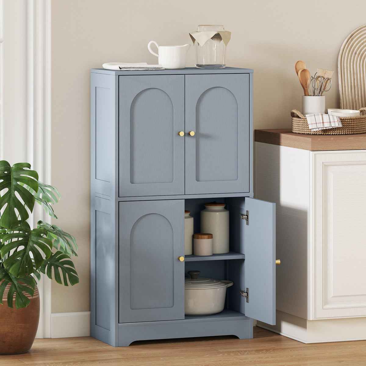 110cm Kitchen Cupboard, Freestanding Kitchen Storage Cabinet with 4 Arched Doors and 2 Adjustable Shelves, Modern Pantry Cupboard for Dining Room, Grey