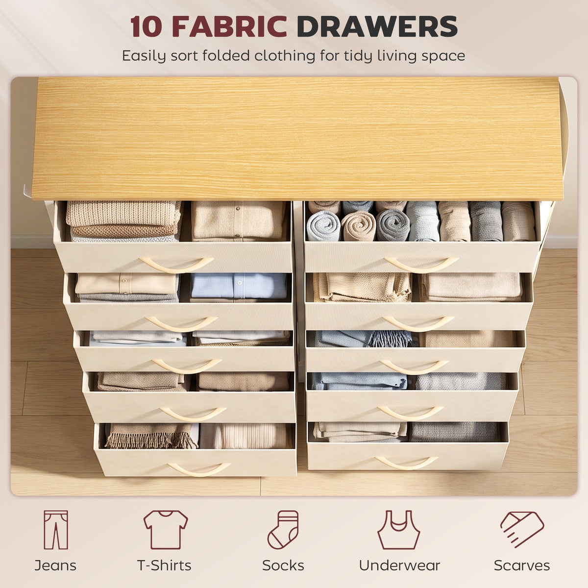 Chest of Drawers, Dresser for Bedroom with 10 Fabric Drawers, Tall Storage Unit with 4 Pockets, 2 Hooks and Steel Frame for Living Room, Hallway, Beige