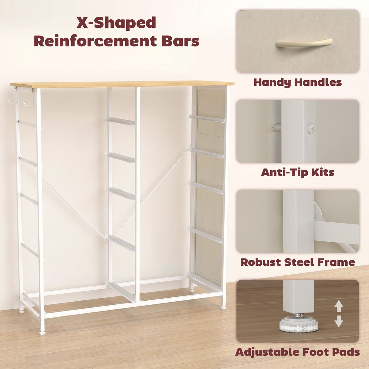 Chest of Drawers, Dresser for Bedroom with 10 Fabric Drawers, Tall Storage Unit with 4 Pockets, 2 Hooks and Steel Frame for Living Room, Hallway, Beige