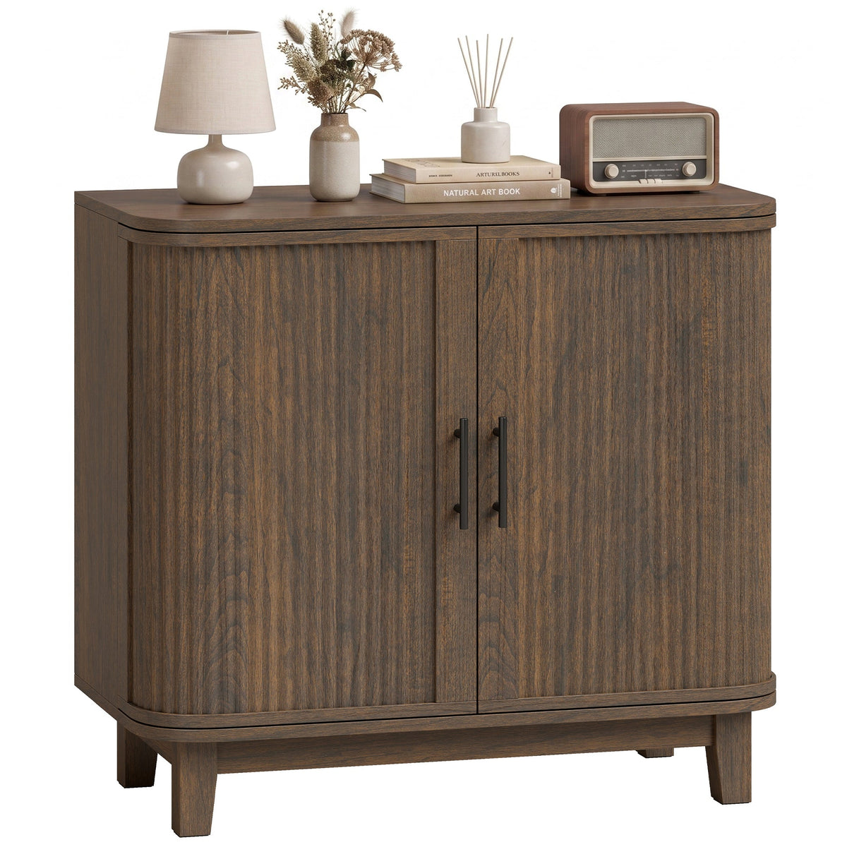 80cm Sideboard Buffet Cabinet, Modern Storage Cabinet with 2 Curved Doors, Adjustable Shelf and Legs for Dining Room, Hallway, Dark Walnut