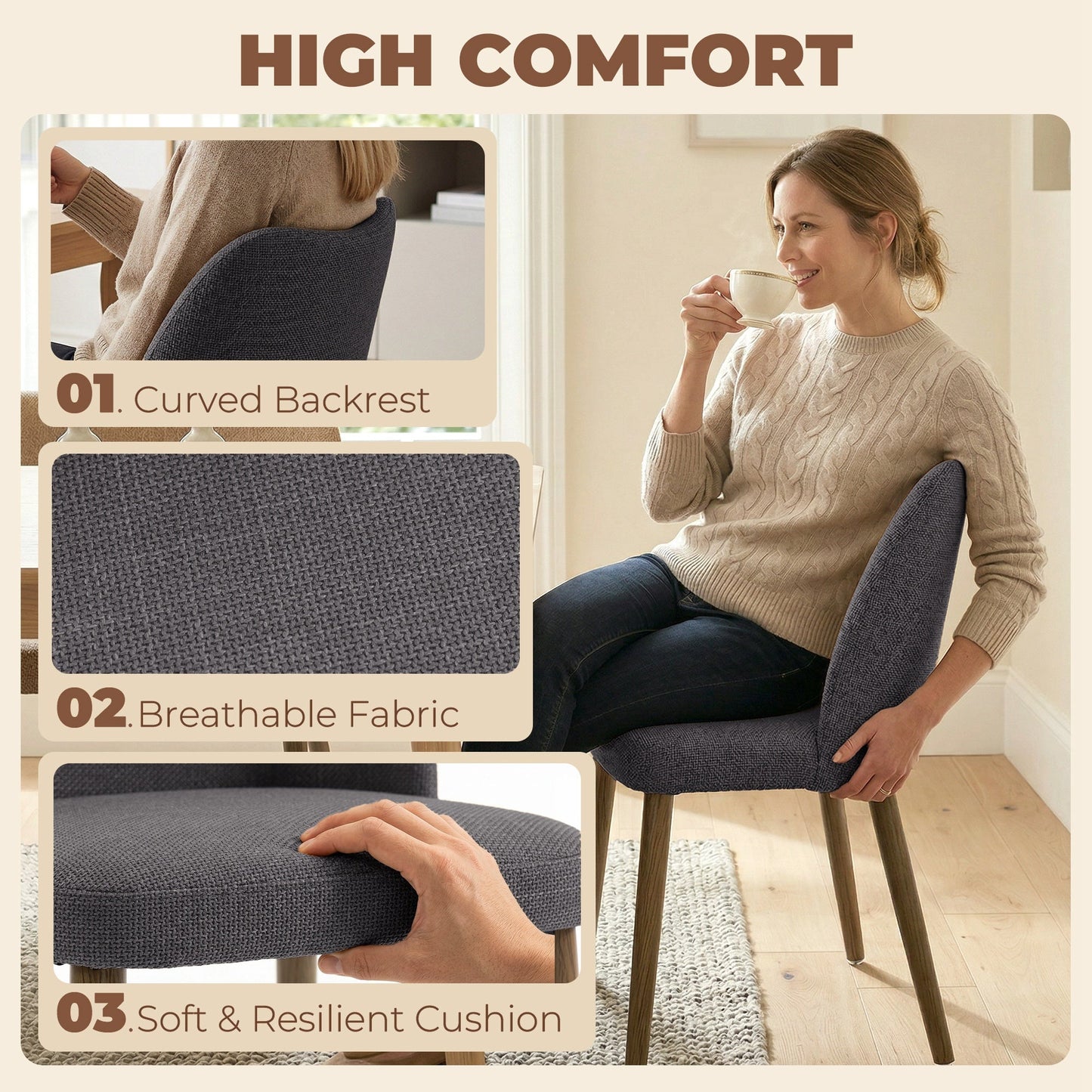 Dining Chairs Set of 2, Modern Linen Upholstered Kitchen Chairs with Padded Seat, Curved Backrest, Rubberwood Legs for Dining Room, Bedroom, Living Room, Easy Assembly, Dark Grey