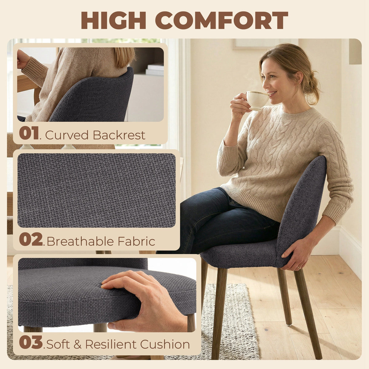 Dining Chairs Set of 2, Modern Linen Upholstered Kitchen Chairs with Padded Seat, Curved Backrest, Rubberwood Legs for Dining Room, Bedroom, Living Room, Easy Assembly, Dark Grey