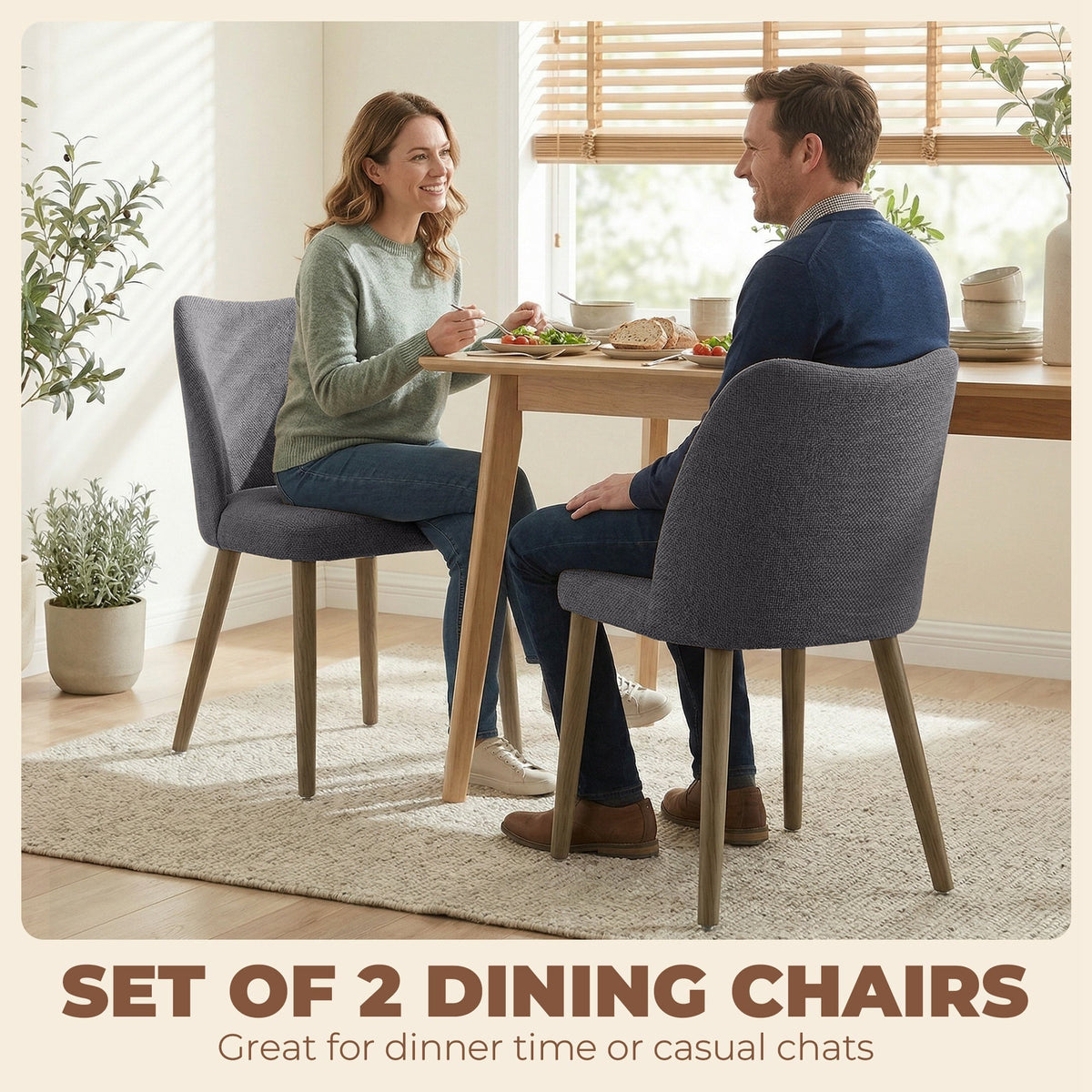 Dining Chairs Set of 2, Modern Linen Upholstered Kitchen Chairs with Padded Seat, Curved Backrest, Rubberwood Legs for Dining Room, Bedroom, Living Room, Easy Assembly, Dark Grey