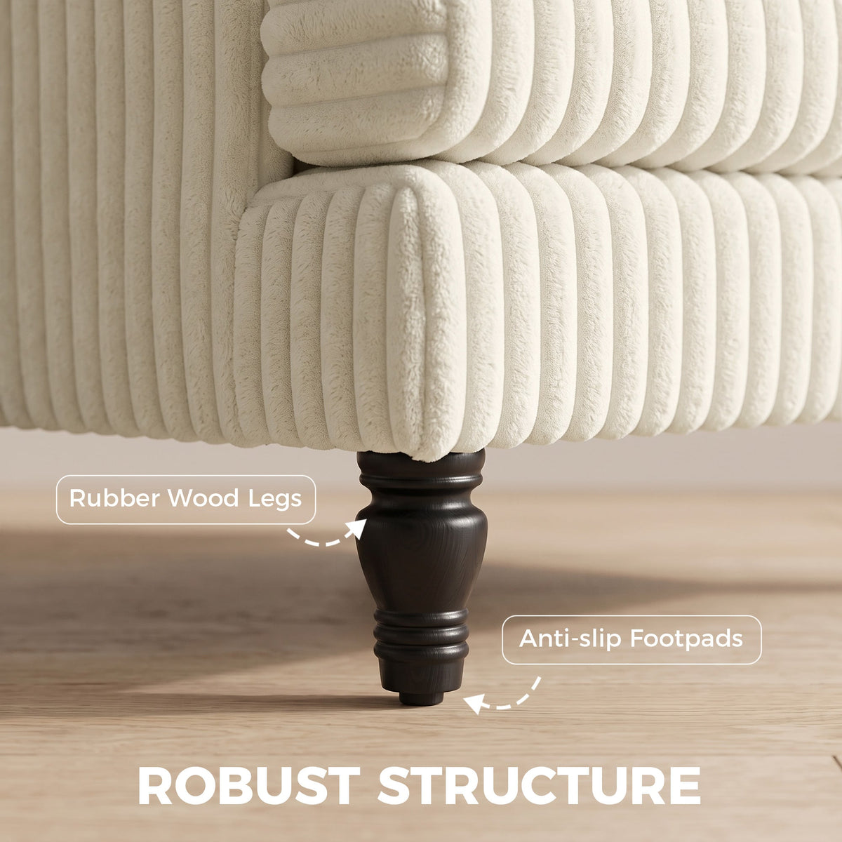 Modern Accent Chair, Corduroy Single Sofa Armchair with Stripes, Turned Legs and Wide Seat, Upholstered Snuggle Chair for Living Room, Bedroom, Cream