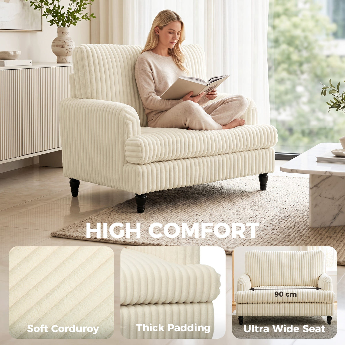 Modern Accent Chair, Corduroy Single Sofa Armchair with Stripes, Turned Legs and Wide Seat, Upholstered Snuggle Chair for Living Room, Bedroom, Cream