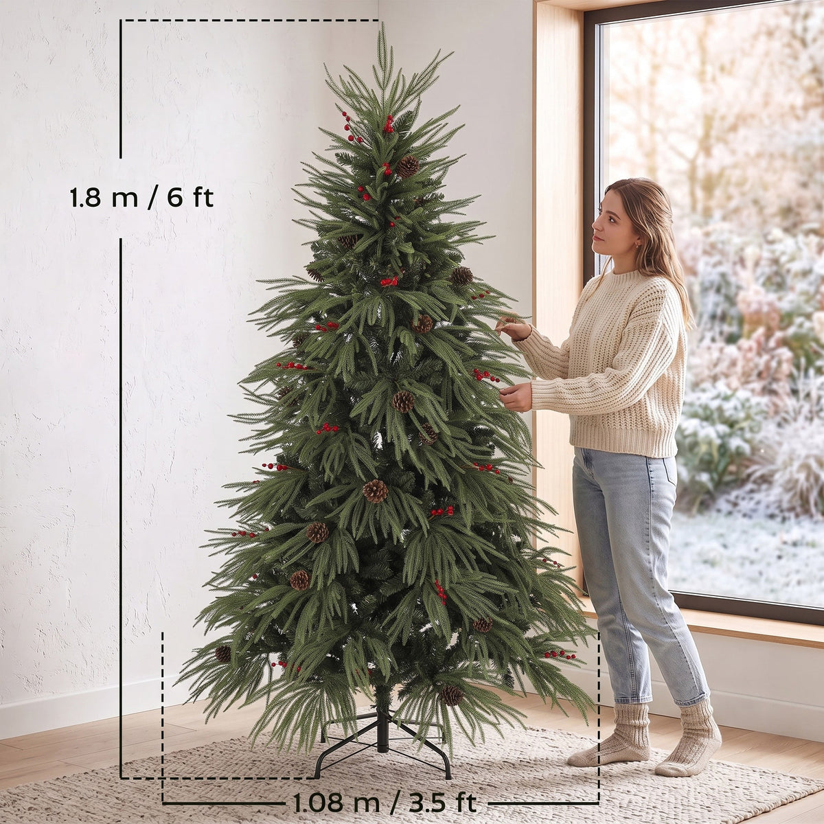 6ft Artificial Christmas Tree with Pinecones, Red Berries, Hinged Predecorated Xmas Tree with 2843 Branch Tips, Foldable Metal Base for Home Office Holiday Decoration, Green