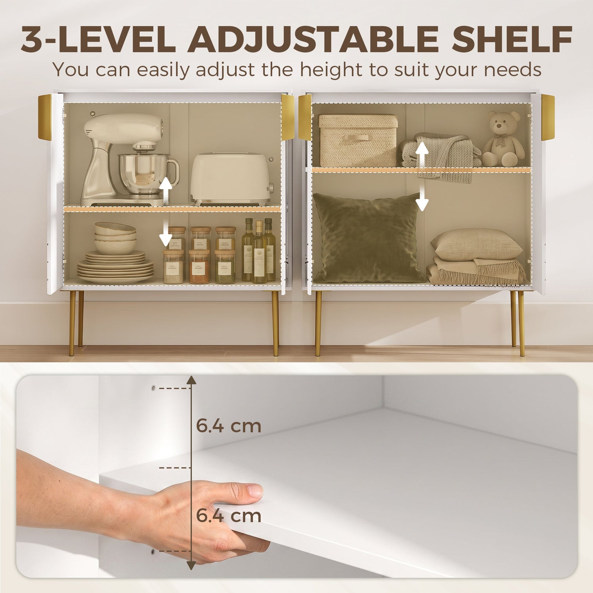 Storage Cabinet, Modern Kitchen Cupboard with 2 Doors, Adjustable Shelf and Metal Legs, Freestanding Sideboard for Living Room, Dining Room, Hallway, White