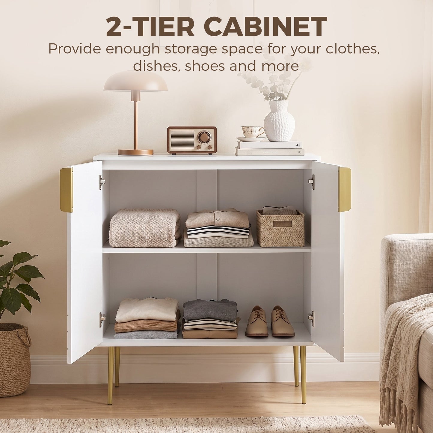 Storage Cabinet, Modern Kitchen Cupboard with 2 Doors, Adjustable Shelf and Metal Legs, Freestanding Sideboard for Living Room, Dining Room, Hallway, White