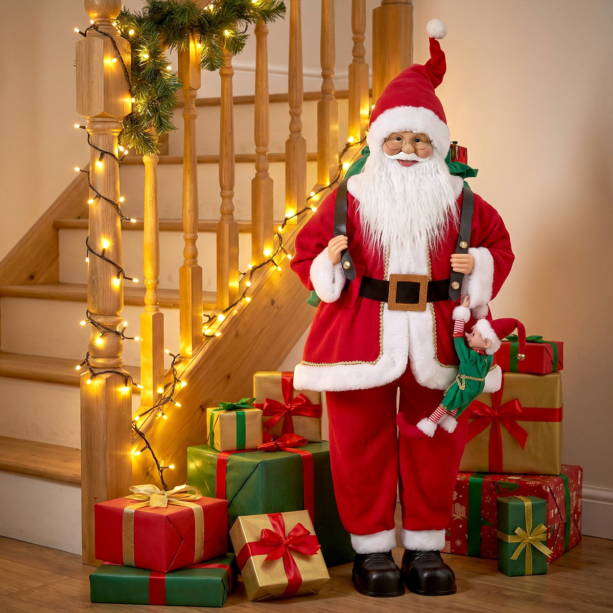 4ft Life Size Singing Dancing Santa Claus, 120 cm Standing Musical Animated Santa with Sack, Hanging Elf, Posable Arms, Handcrafted, Sound Touch Activated, Moving Christmas Figure Decoration