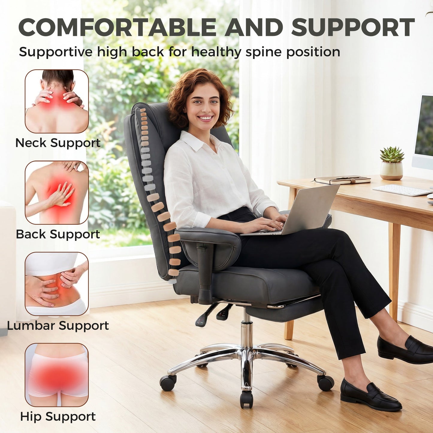 Executive Office Chair, Ergonomic Reclining Computer Desk Chair with Footrest, Adjustable Armrests, Spring Seat, High Back, Thick Cushion, Pet Friendly Faux Leather, Swivel, Black