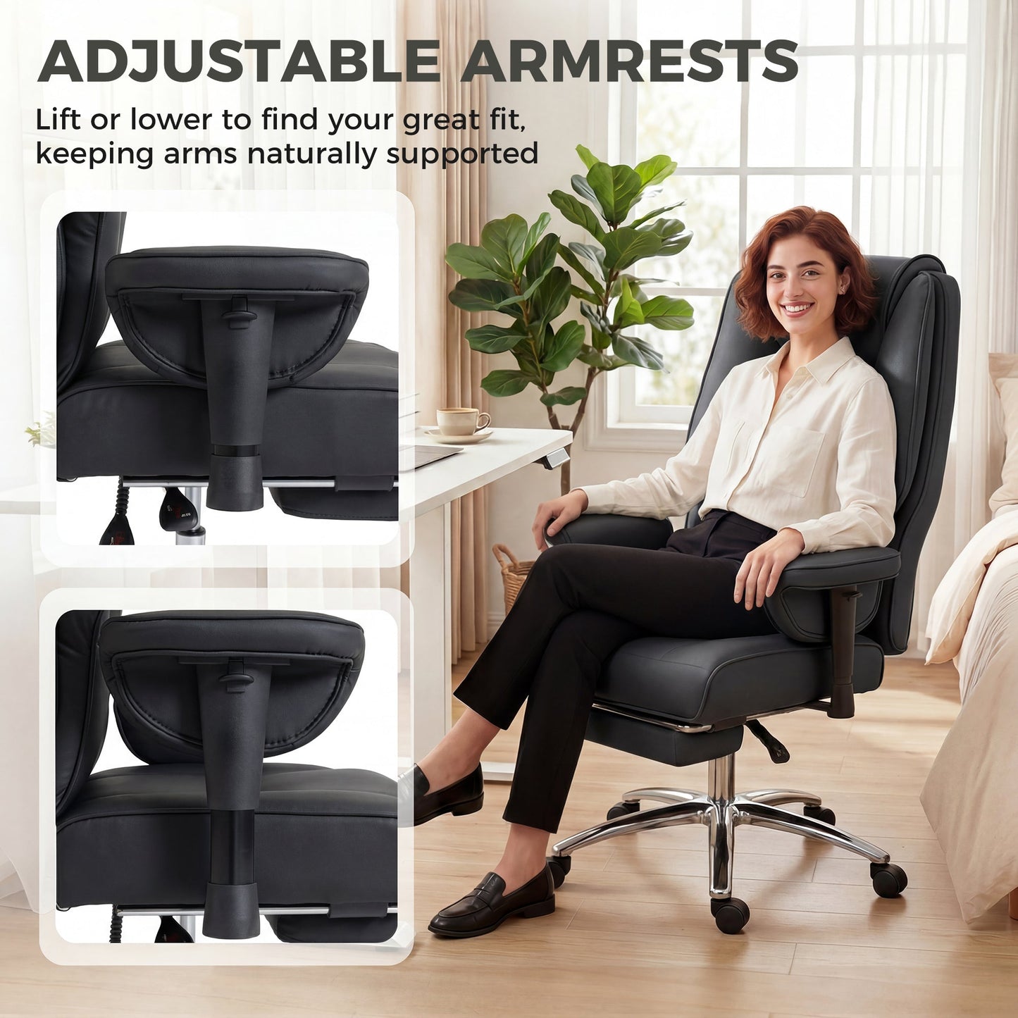 Executive Office Chair, Ergonomic Reclining Computer Desk Chair with Footrest, Adjustable Armrests, Spring Seat, High Back, Thick Cushion, Pet Friendly Faux Leather, Swivel, Black