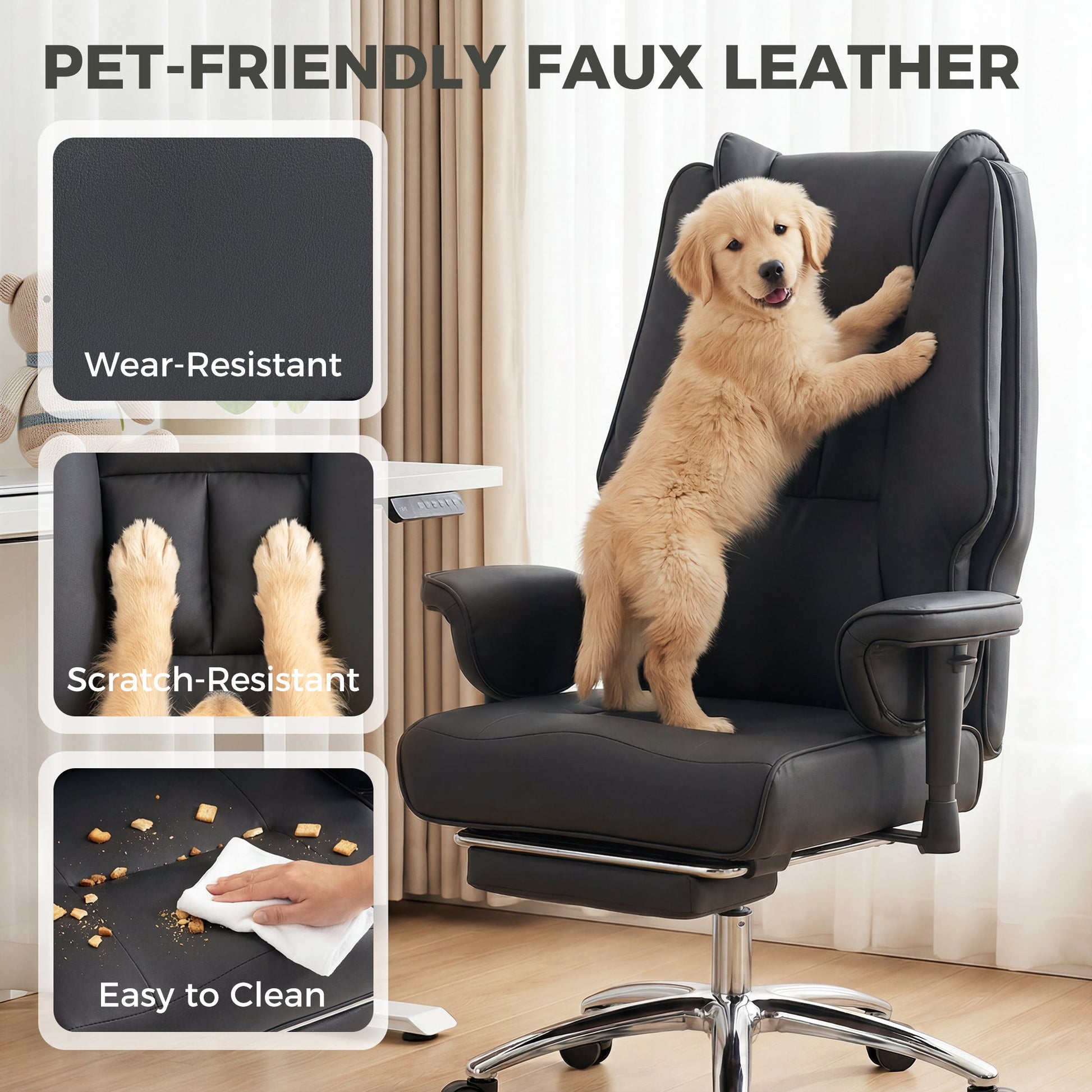 Executive Office Chair, Ergonomic Reclining Computer Desk Chair with Footrest, Adjustable Armrests, Spring Seat, High Back, Thick Cushion, Pet Friendly Faux Leather, Swivel, Black