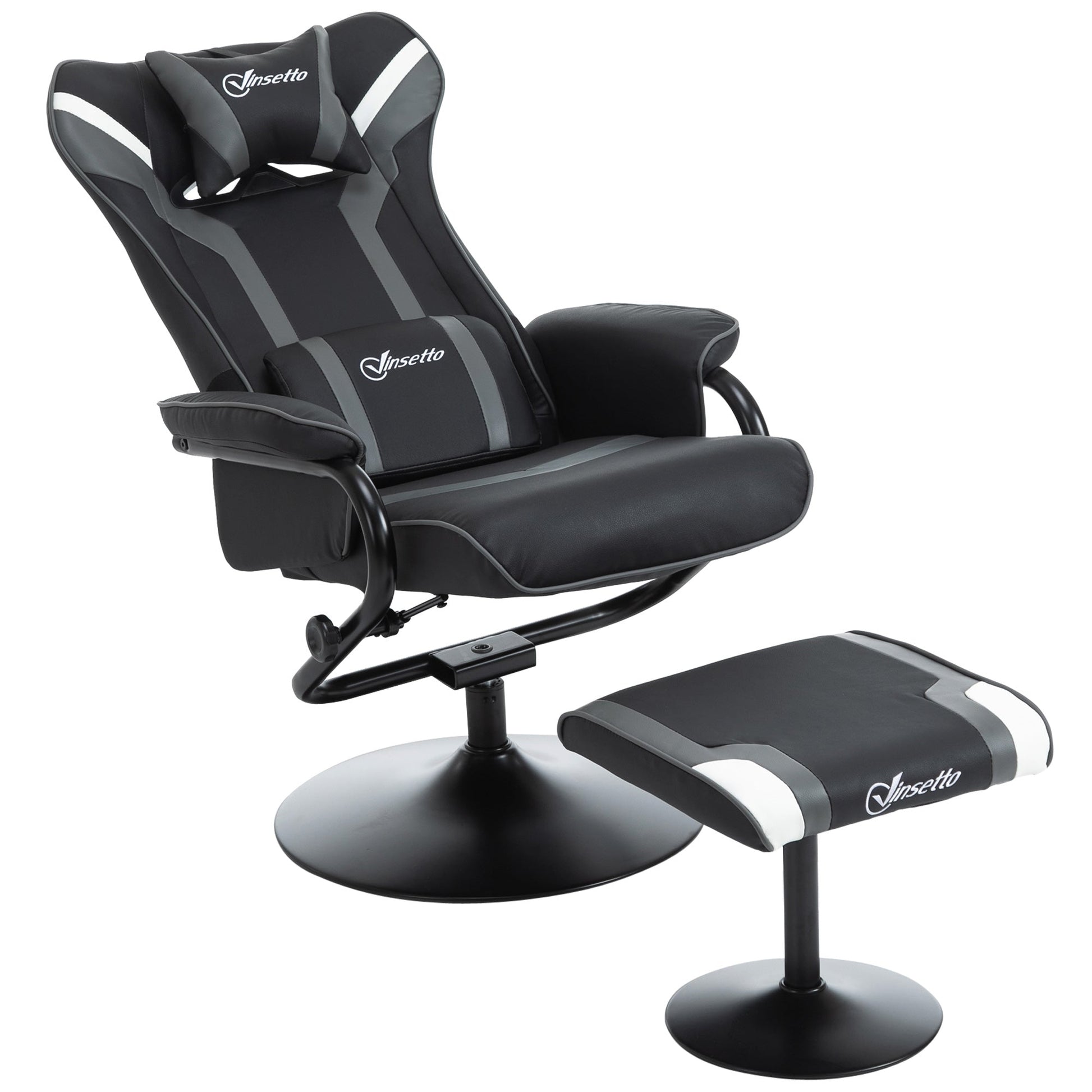 Vinsetto Reclining Chair and Stool Set, Recliner Chair with Headrest, Gaming Chair with Lumbar Support, Pedestal Base for Home Office, Grey