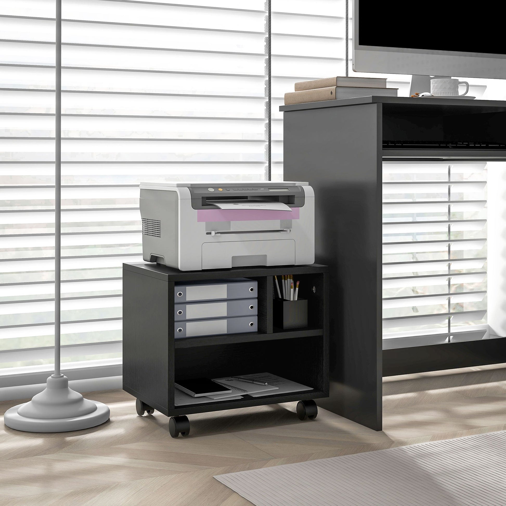 HOMCOM 2-Tier Printer Stand with Storage, Under Desk Printer Cart on Wheels with 3 Compartments, Desktop Printer Table for Home Office, Black
