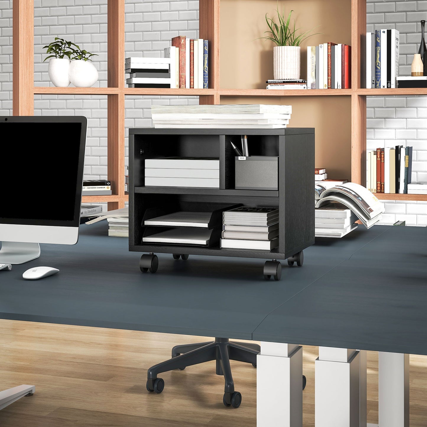 HOMCOM 2-Tier Printer Stand with Storage, Under Desk Printer Cart on Wheels with 3 Compartments, Desktop Printer Table for Home Office, Black