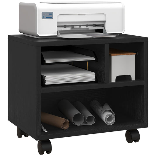 HOMCOM 2-Tier Printer Stand with Storage, Under Desk Printer Cart on Wheels with 3 Compartments, Desktop Printer Table for Home Office, Black