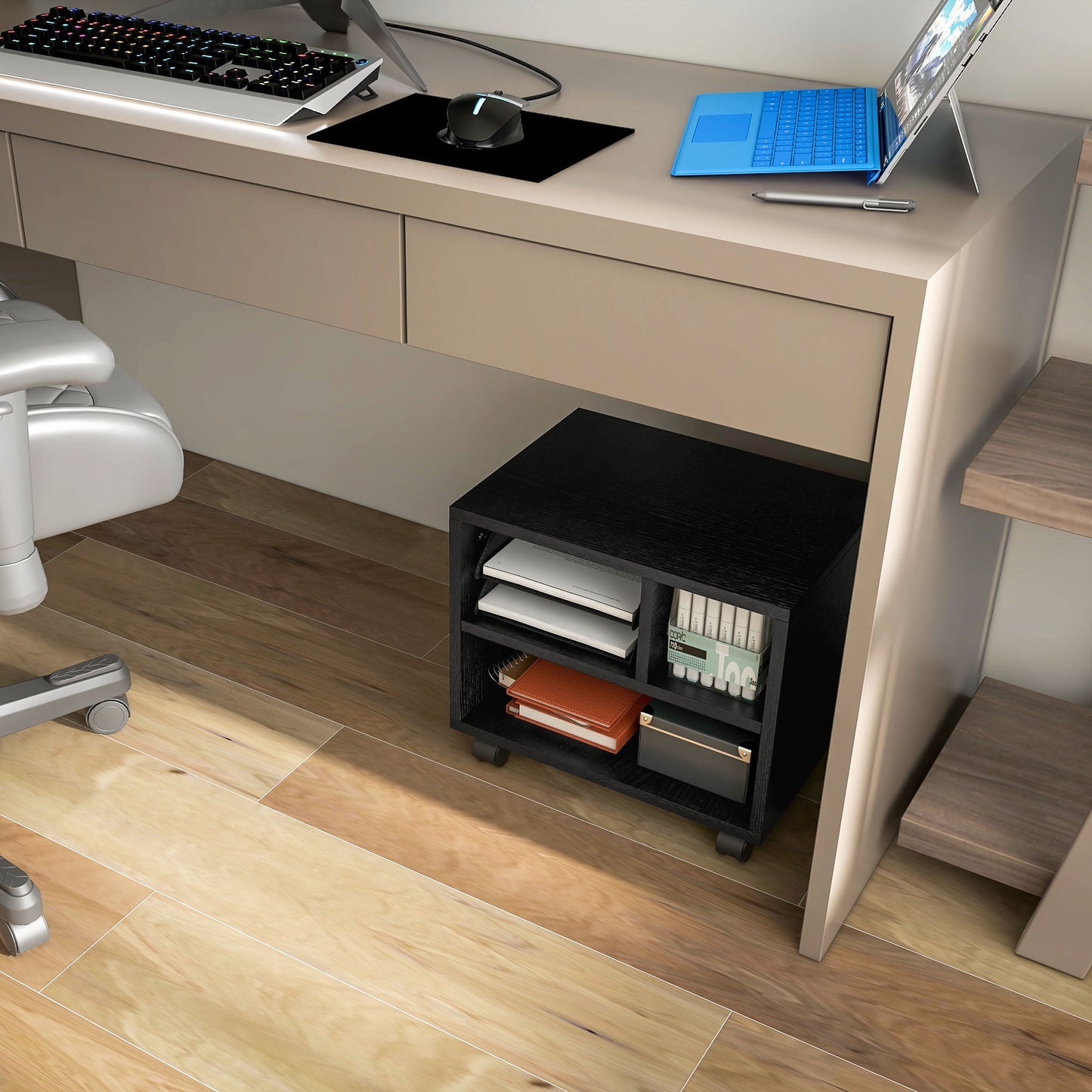 HOMCOM 2-Tier Printer Stand with Storage, Under Desk Printer Cart on Wheels with 3 Compartments, Desktop Printer Table for Home Office, Black