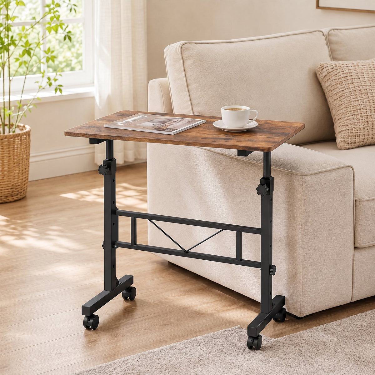 Overbed Table With Wheels and Brakes, Adjustable Height Laptop Desk, Portable Hospital Bed Table with Steel Frame for Living Room, Bedroom and Study, Rustic Brown and Black