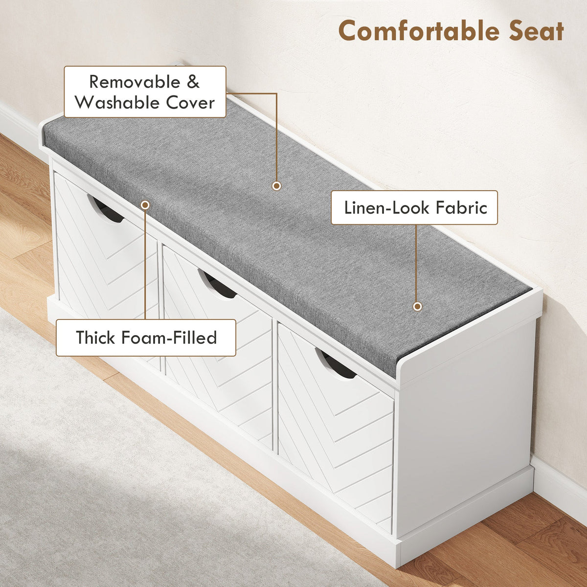 Shoe Bench, Linen-Look Shoe Storage Bench with 3 Removable Drawers and Padded Seat Cushion for Entryway, Hallway, Living Room, White