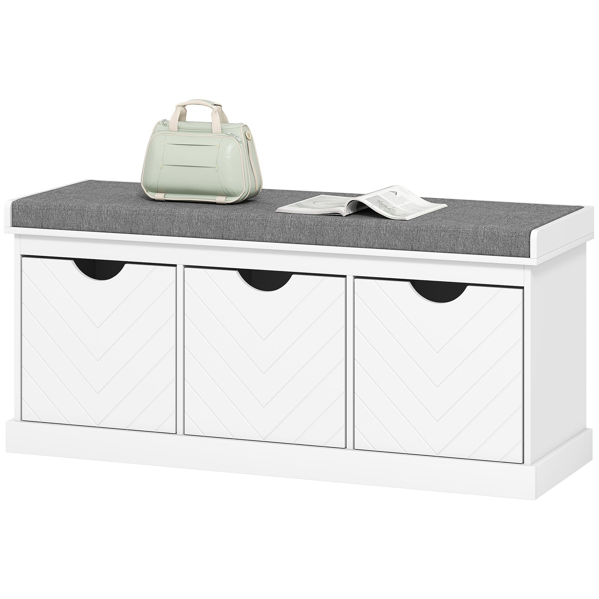 Shoe Bench, Linen-Look Shoe Storage Bench with 3 Removable Drawers and Padded Seat Cushion for Entryway, Hallway, Living Room, White