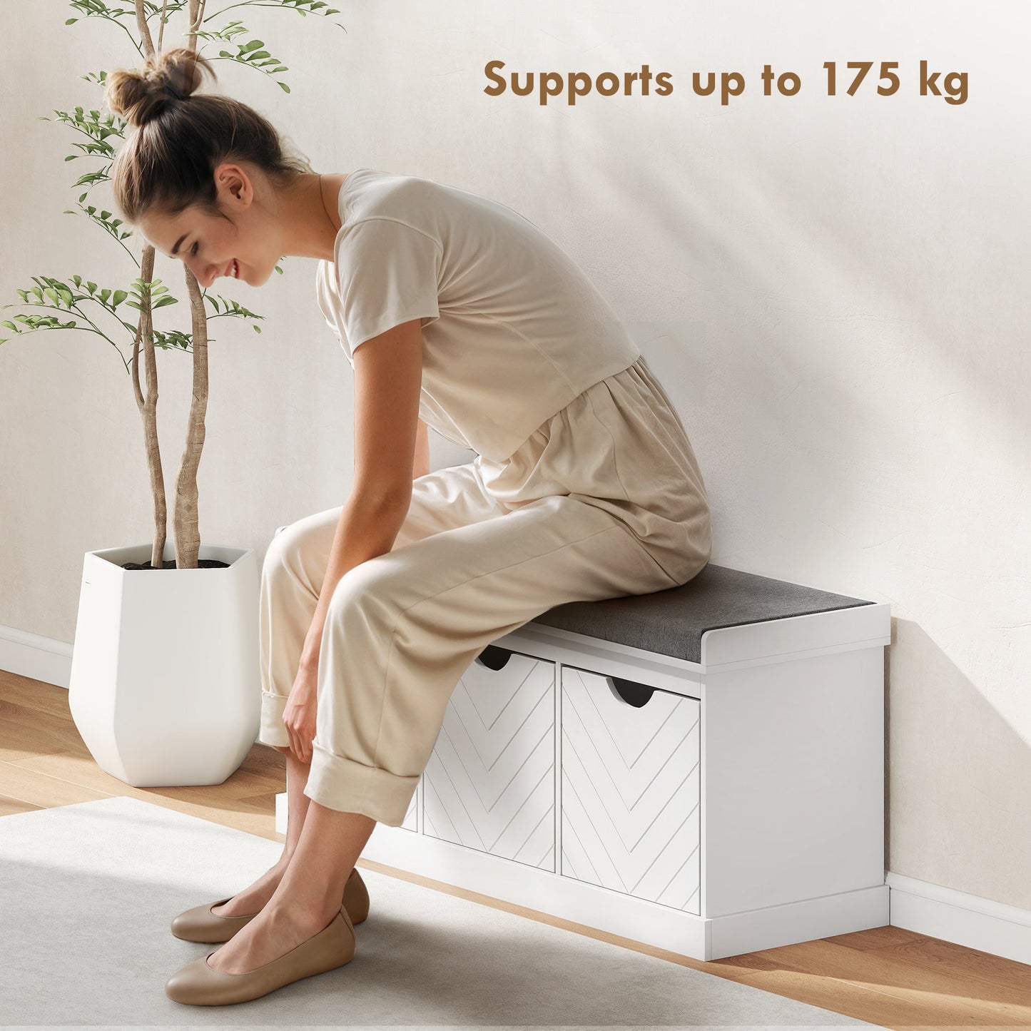 Shoe Bench, Linen-Look Shoe Storage Bench with 3 Removable Drawers and Padded Seat Cushion for Entryway, Hallway, Living Room, White