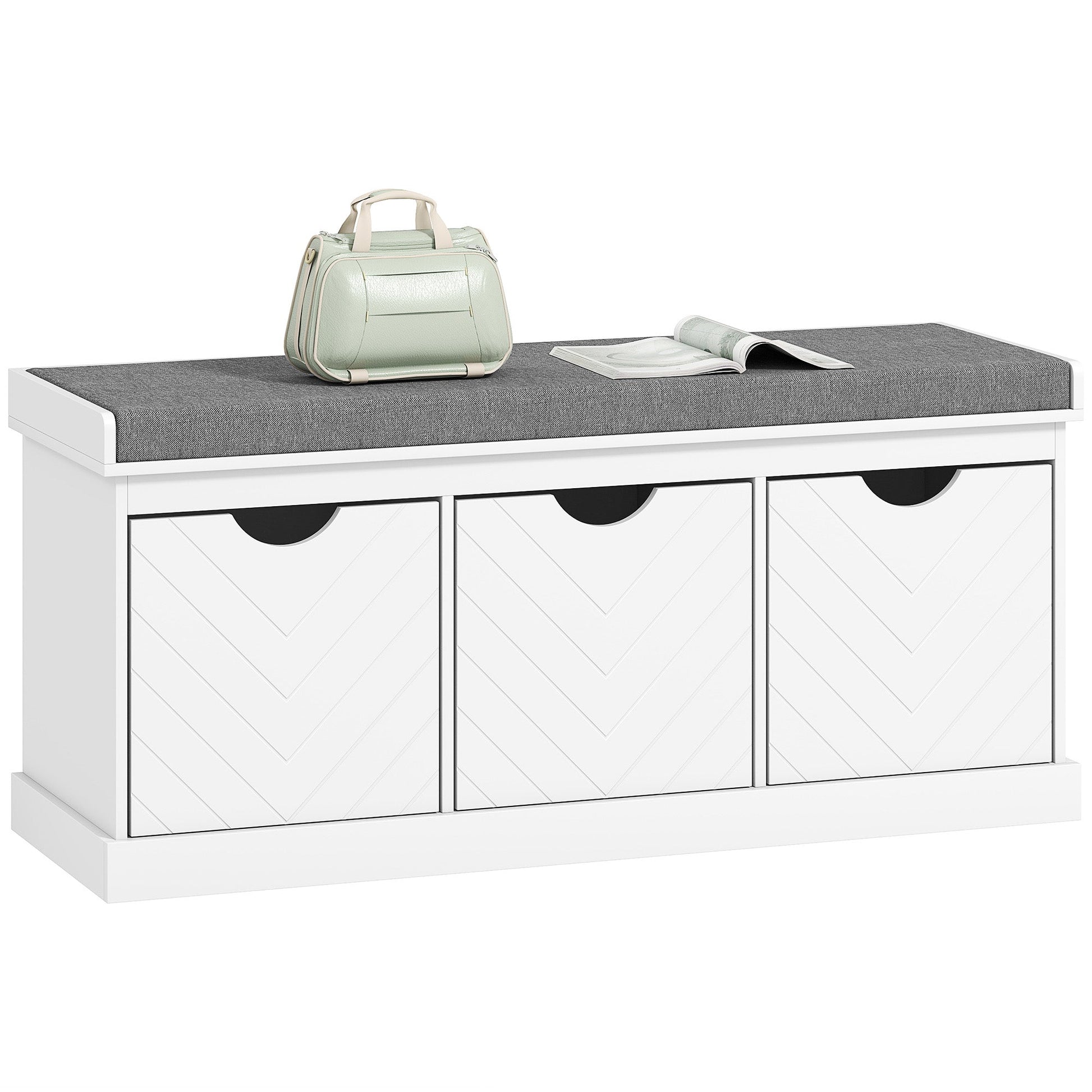 Shoe Bench, Linen-Look Shoe Storage Bench with 3 Removable Drawers and Padded Seat Cushion for Entryway, Hallway, Living Room, White
