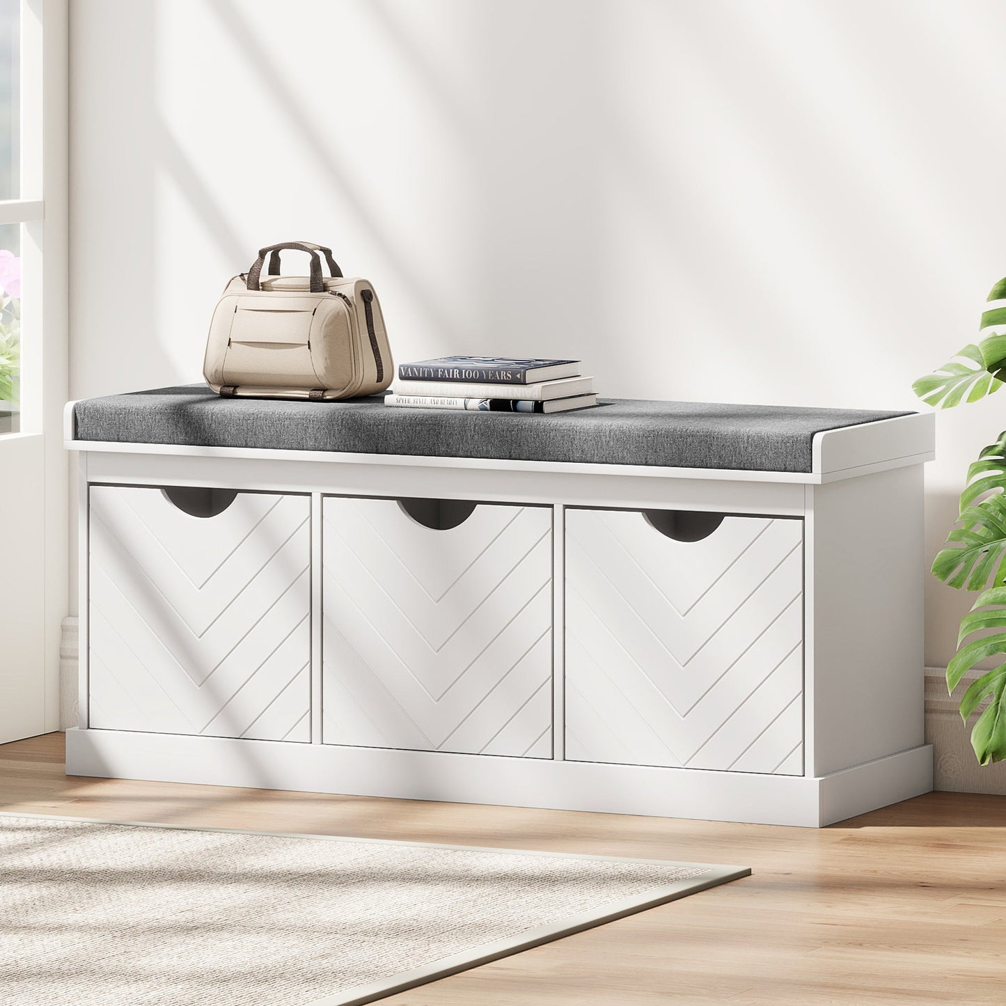 Shoe Bench, Linen-Look Shoe Storage Bench with 3 Removable Drawers and Padded Seat Cushion for Entryway, Hallway, Living Room, White