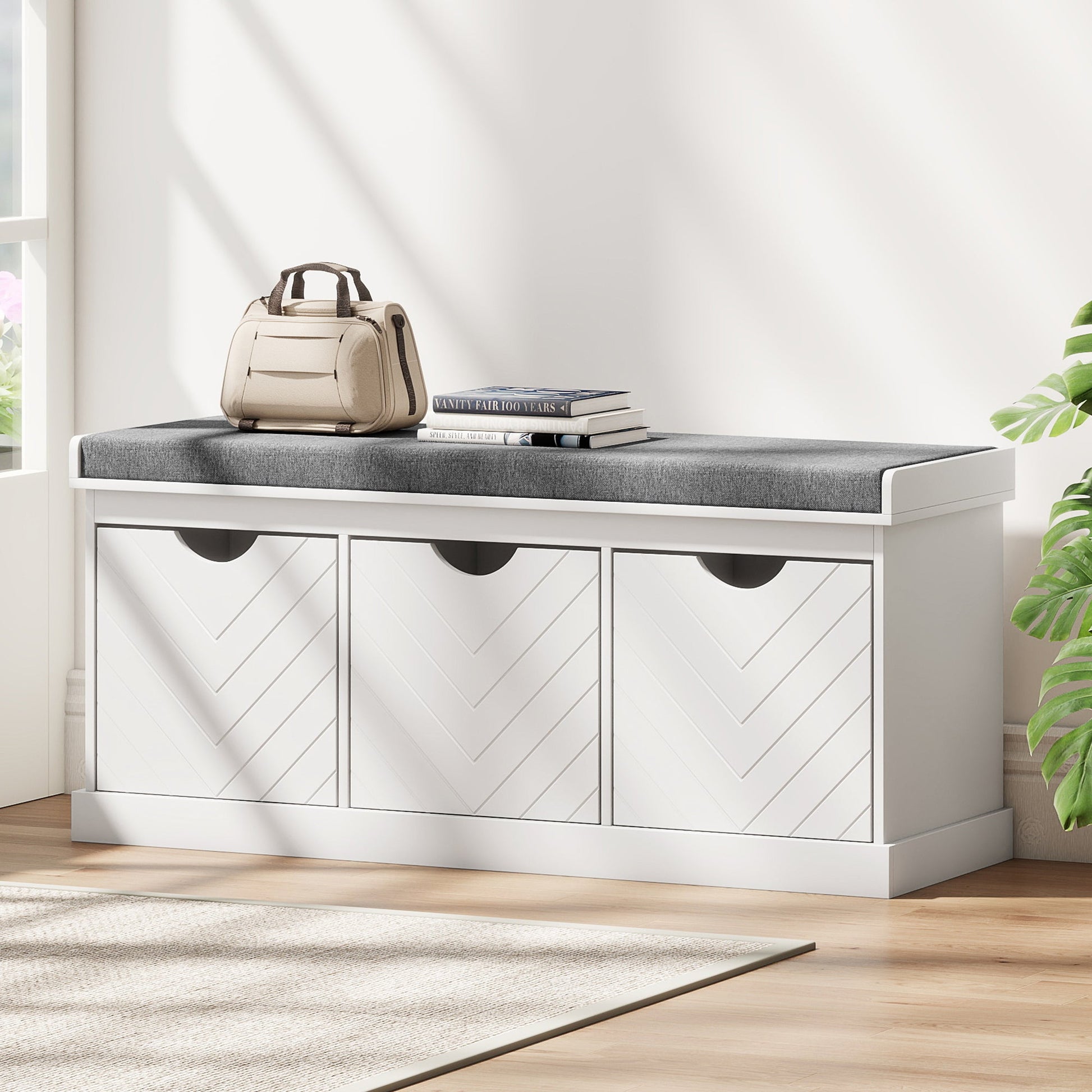 Shoe Bench, Linen-Look Shoe Storage Bench with 3 Removable Drawers and Padded Seat Cushion for Entryway, Hallway, Living Room, White