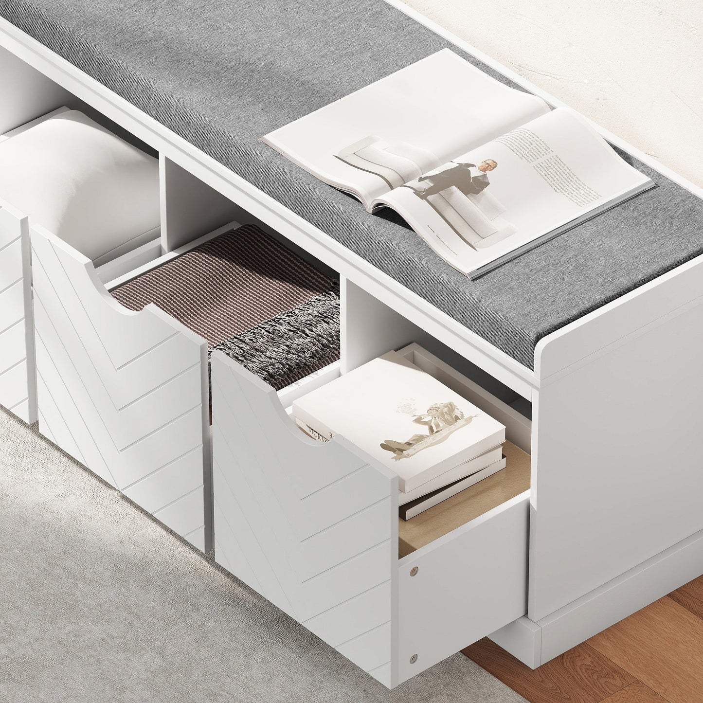 Shoe Bench, Linen-Look Shoe Storage Bench with 3 Removable Drawers and Padded Seat Cushion for Entryway, Hallway, Living Room, White