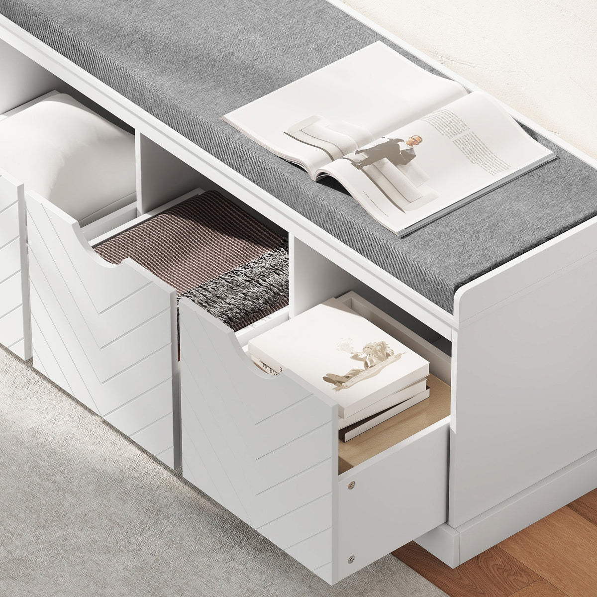 Shoe Bench, Linen-Look Shoe Storage Bench with 3 Removable Drawers and Padded Seat Cushion for Entryway, Hallway, Living Room, White