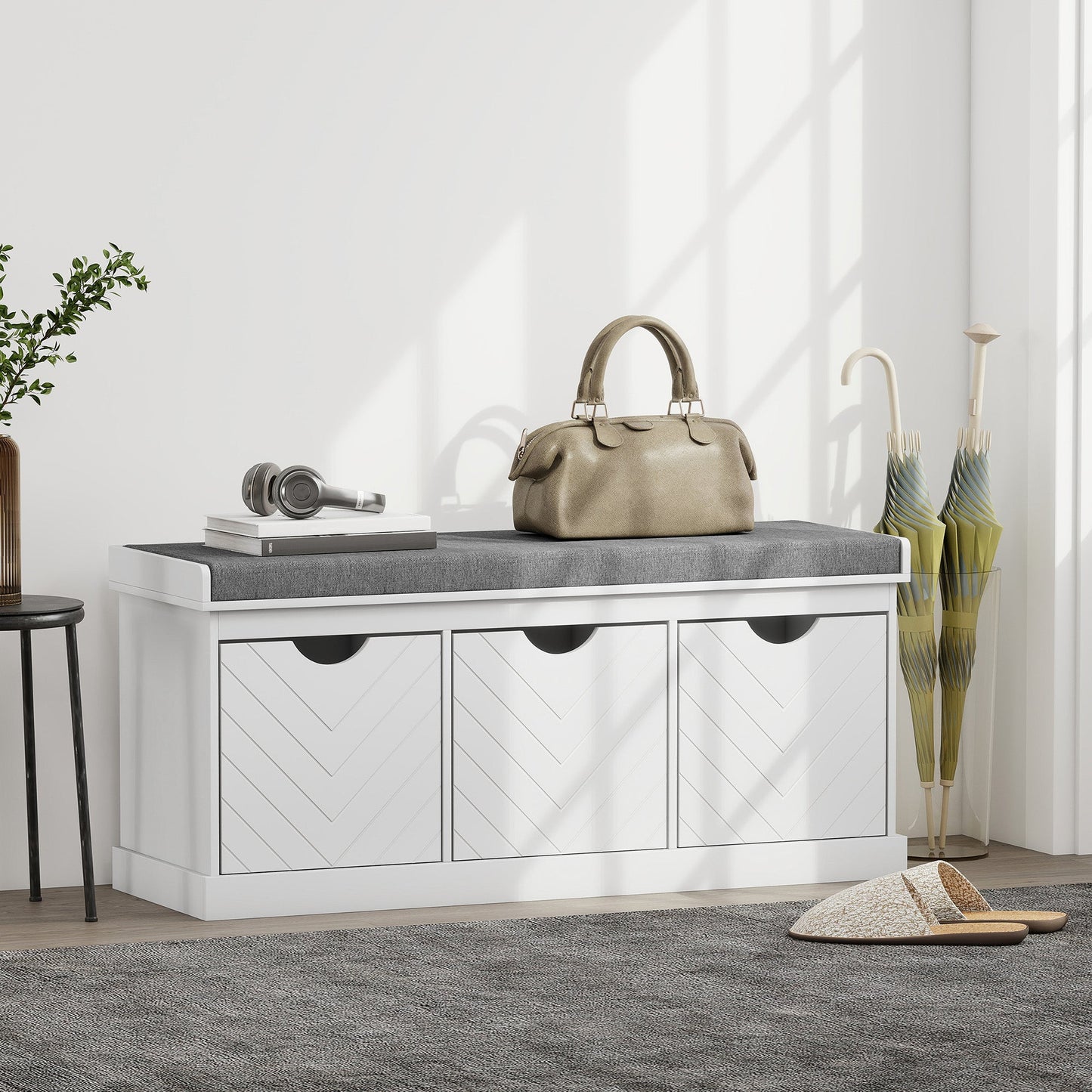 Shoe Bench, Linen-Look Shoe Storage Bench with 3 Removable Drawers and Padded Seat Cushion for Entryway, Hallway, Living Room, White