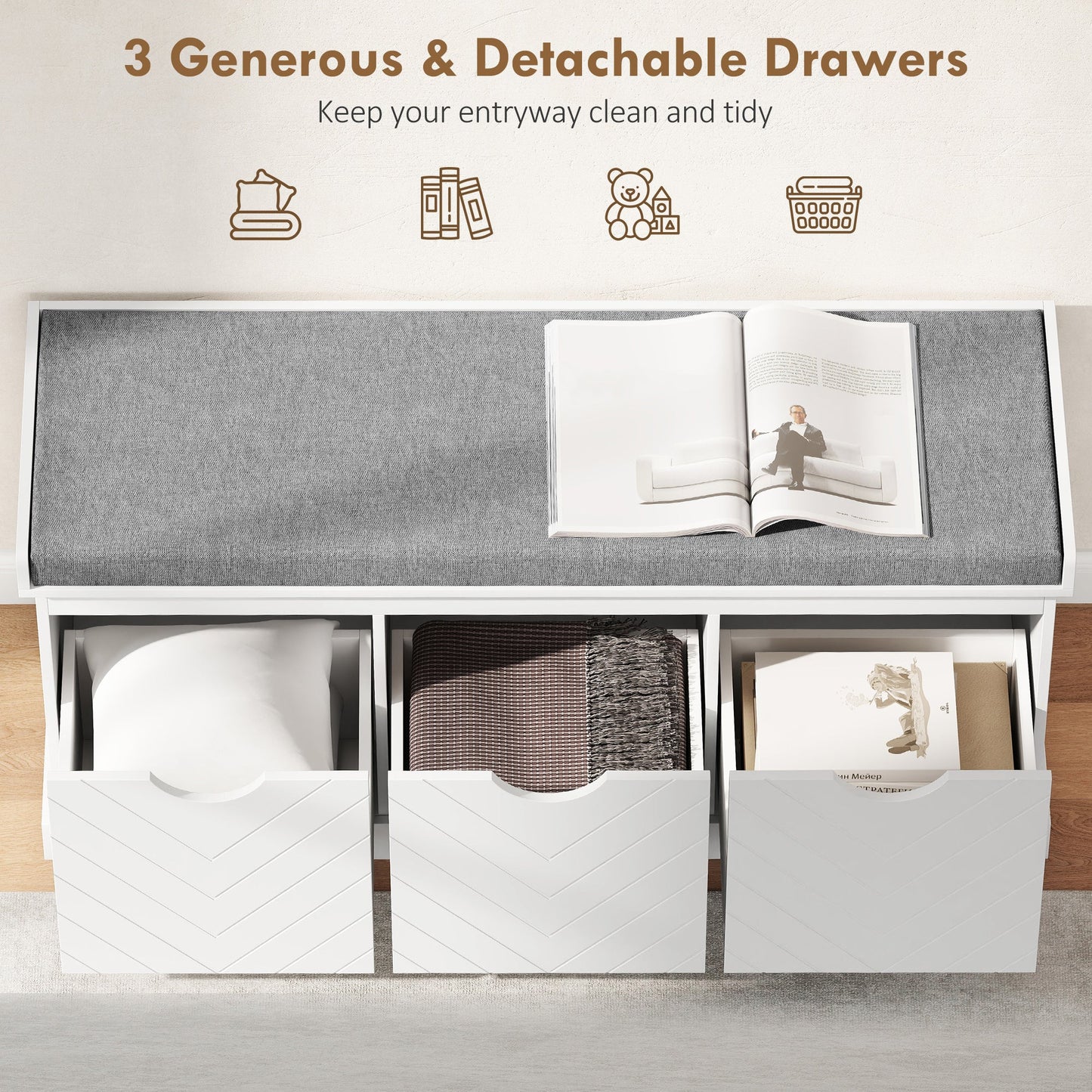 Shoe Bench, Linen-Look Shoe Storage Bench with 3 Removable Drawers and Padded Seat Cushion for Entryway, Hallway, Living Room, White