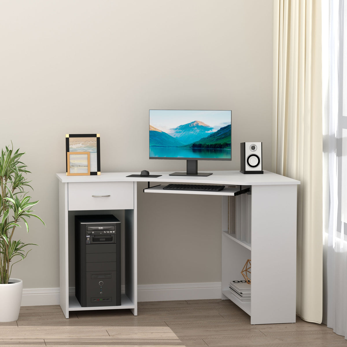 HOMCOM L-Shaped Corner Computer Desk w/ 2 Shelves Wide Worktop Keyboard Tray Drawer & CPU Stand Home Office Study Bedroom Furniture White
