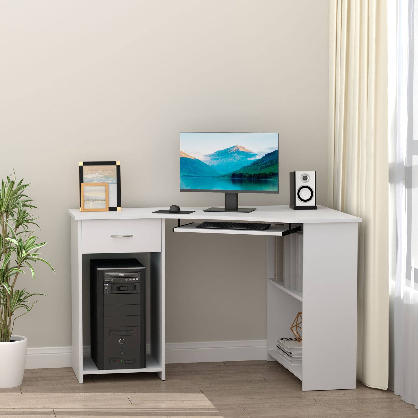 HOMCOM L-Shaped Corner Computer Desk w/ 2 Shelves Wide Worktop Keyboard Tray Drawer & CPU Stand Home Office Study Bedroom Furniture White