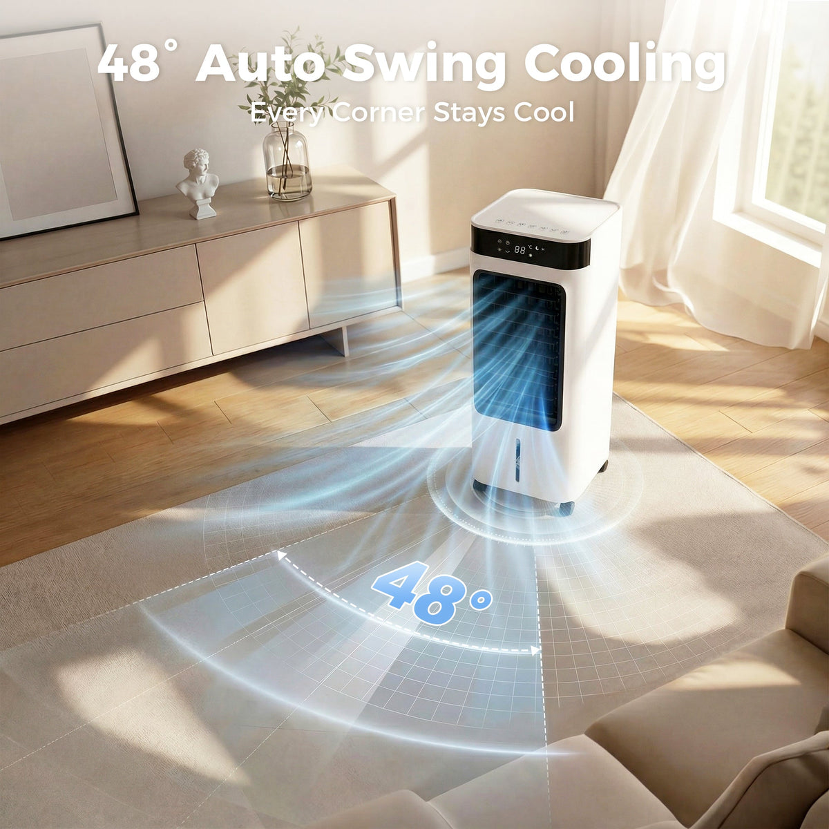 Portable Air Cooler, 3-In-1 Evaporative Air Cooler with 7 Litre Water Tank, 48° Oscillation, 3 Speeds, 3 Modes, 2 Ice Packs, Remote, for Home Office Bedroom, White
