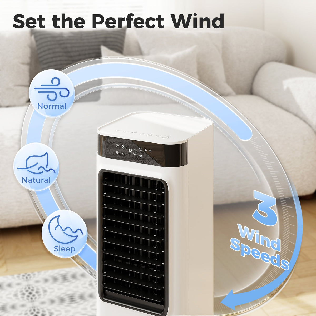 Portable Air Cooler, 3-In-1 Evaporative Air Cooler with 7 Litre Water Tank, 48° Oscillation, 3 Speeds, 3 Modes, 2 Ice Packs, Remote, for Home Office Bedroom, White