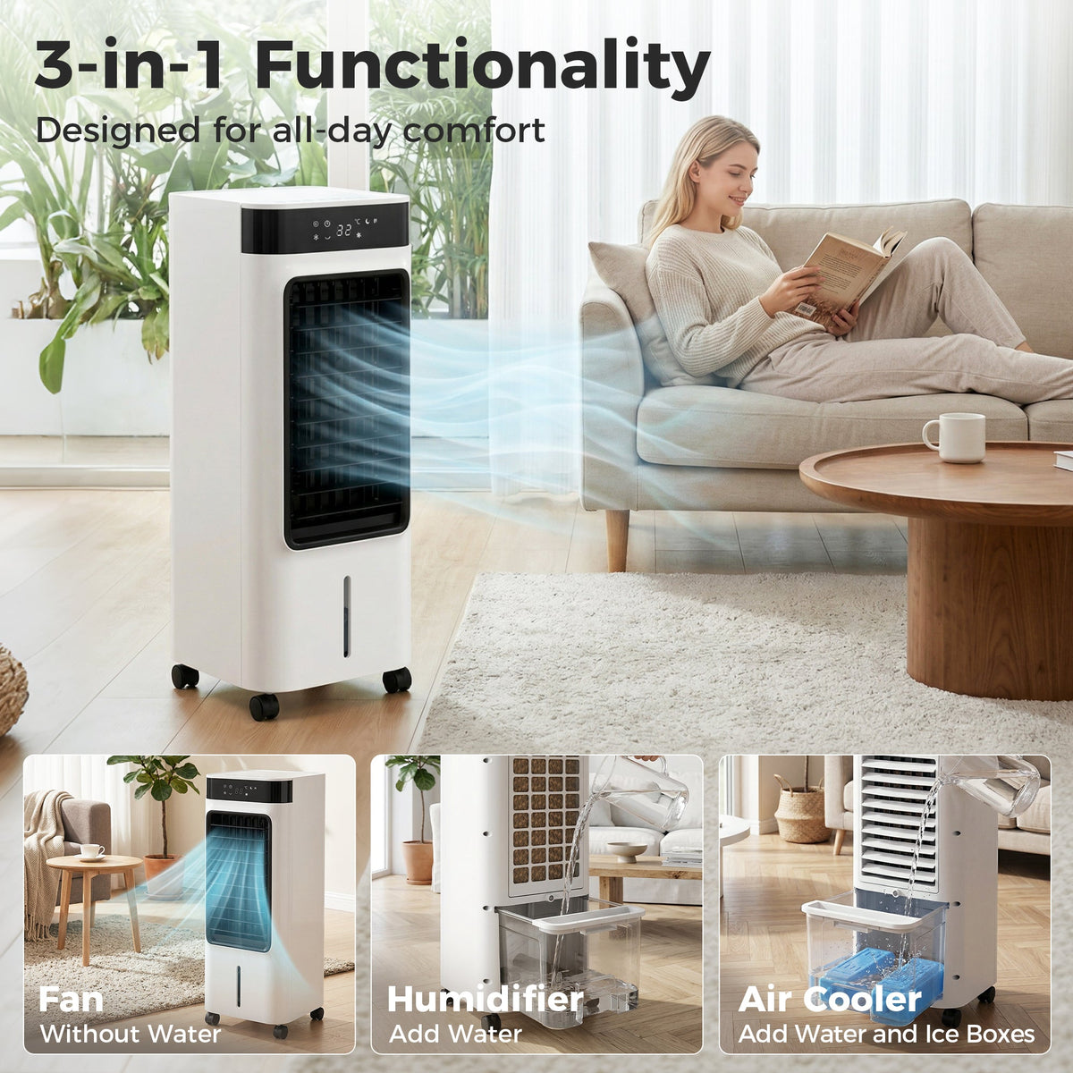 Portable Air Cooler, 3-In-1 Evaporative Air Cooler with 7 Litre Water Tank, 48° Oscillation, 3 Speeds, 3 Modes, 2 Ice Packs, Remote, for Home Office Bedroom, White