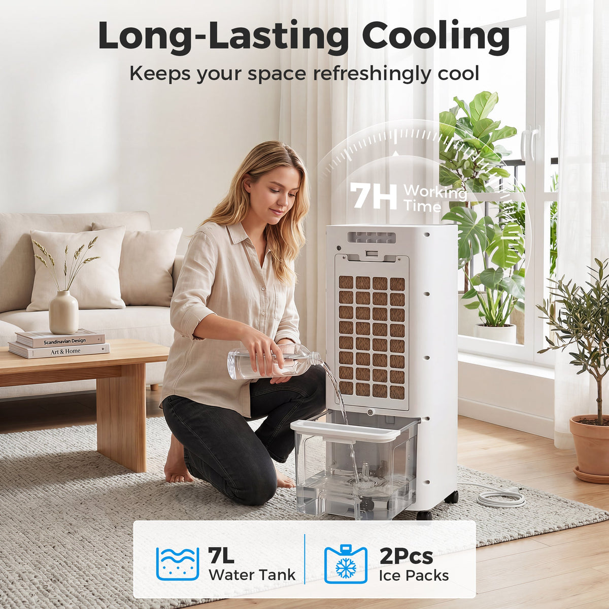 Portable Air Cooler, 3-In-1 Evaporative Air Cooler with 7 Litre Water Tank, 48° Oscillation, 3 Speeds, 3 Modes, 2 Ice Packs, Remote, for Home Office Bedroom, White