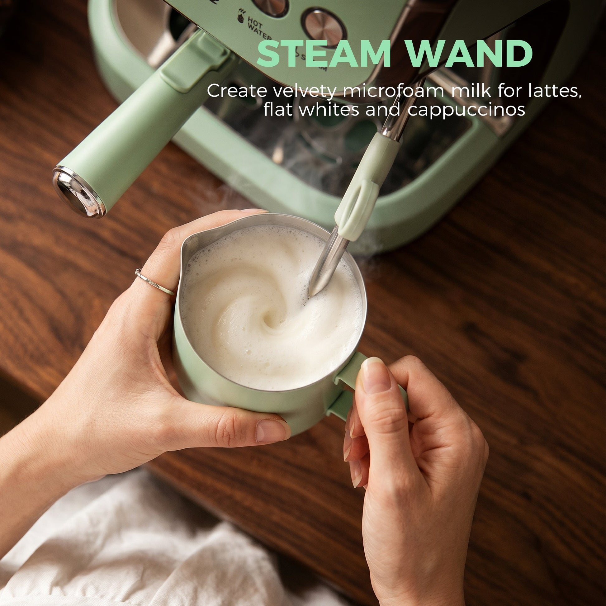 Espresso Machine with Integrated Bean Grinder & Steam Wand, Bean to Cup Coffee Machine with 15 Bar Italian Pump, 2L Water Tank, Cappuccino Maker, Stainless Steel, Light Green