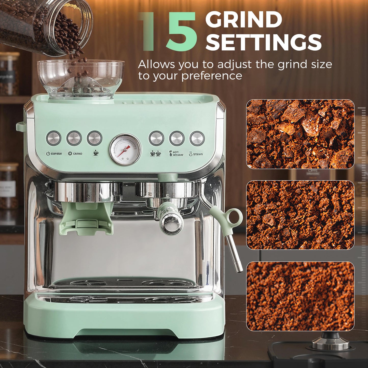 Espresso Machine with Integrated Bean Grinder & Steam Wand, Bean to Cup Coffee Machine with 15 Bar Italian Pump, 2L Water Tank, Cappuccino Maker, Stainless Steel, Light Green