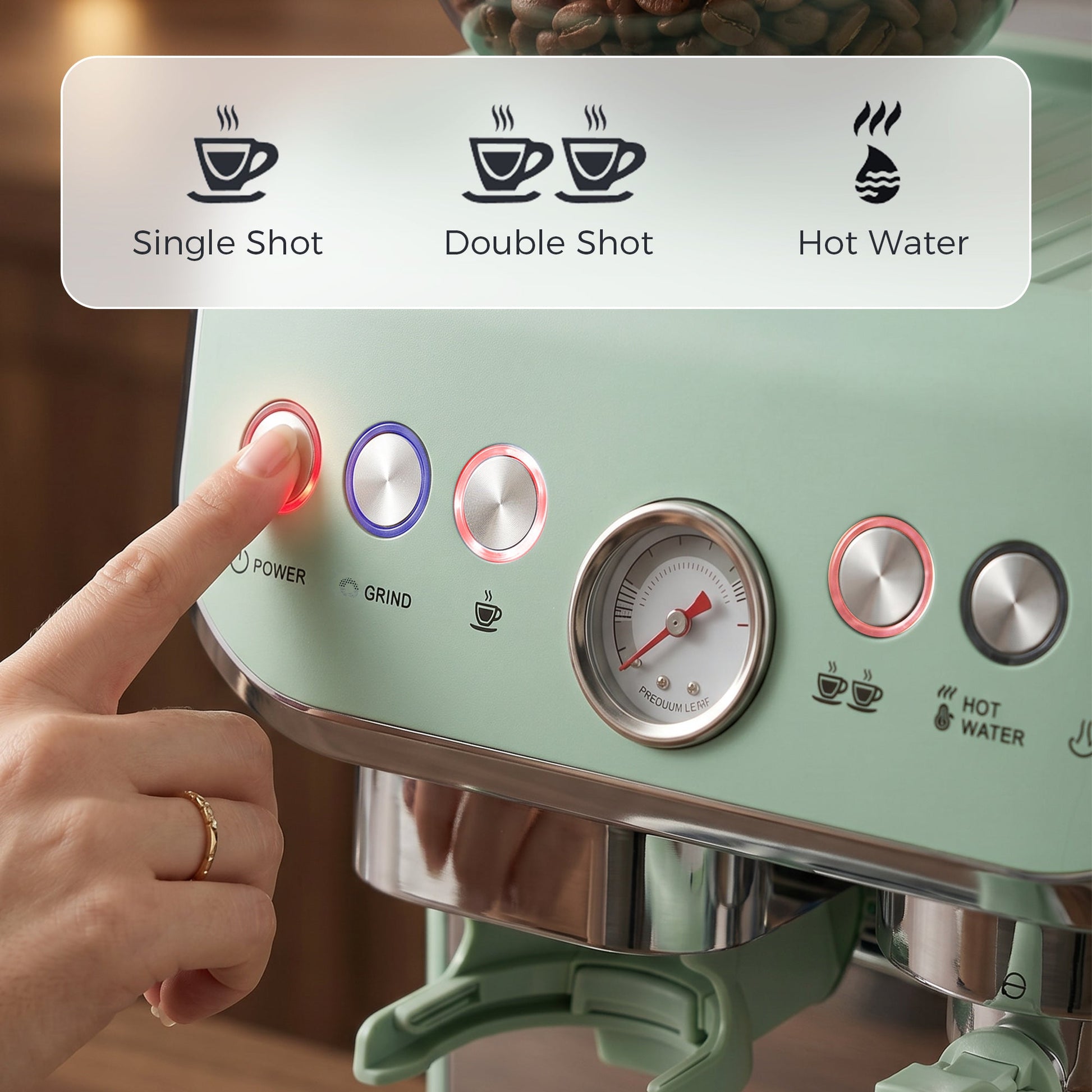 Espresso Machine with Integrated Bean Grinder & Steam Wand, Bean to Cup Coffee Machine with 15 Bar Italian Pump, 2L Water Tank, Cappuccino Maker, Stainless Steel, Light Green