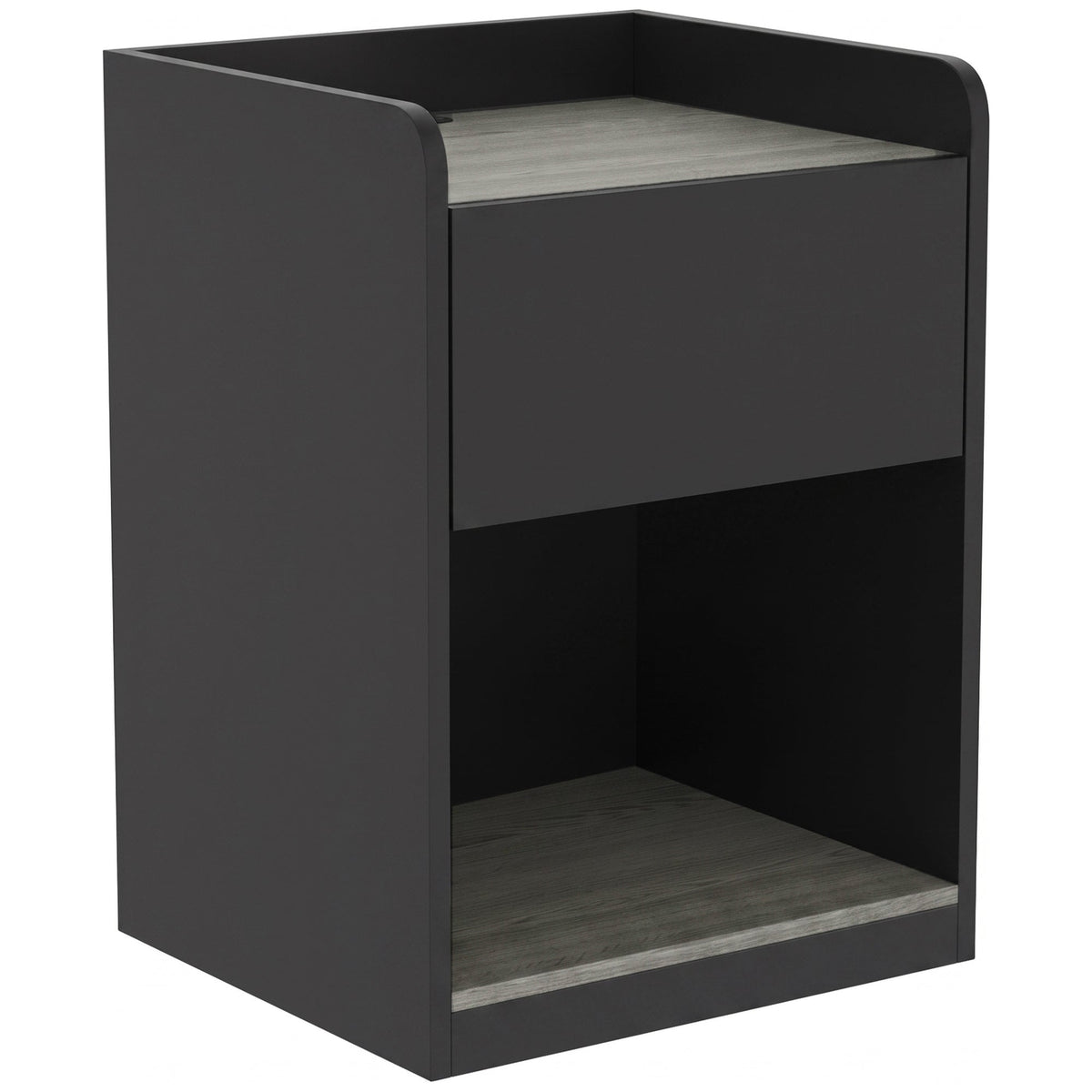 Modern Bedside Table, Slim Nightstand with Drawer, Shelf and Cable Holes, Bedside Cabinet for Bedroom, Living Room, Black and Grey Wood Effect