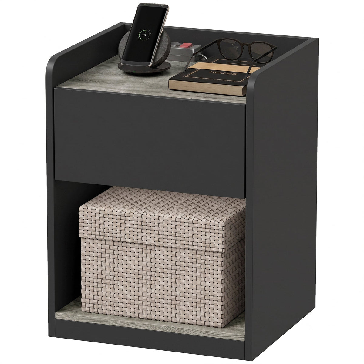 Modern Bedside Table, Slim Nightstand with Drawer, Shelf and Cable Holes, Bedside Cabinet for Bedroom, Living Room, Black and Grey Wood Effect