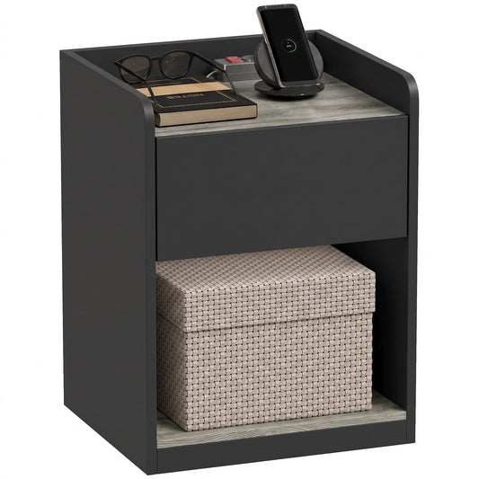 Modern Bedside Table, Slim Nightstand with Drawer, Shelf and Cable Holes, Bedside Cabinet for Bedroom, Living Room, Black and Grey Wood Effect