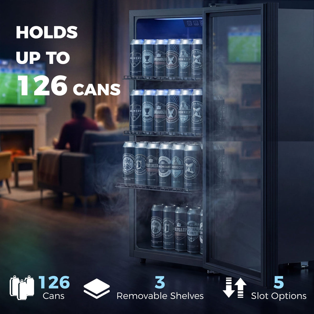 90L Drinks Fridge, 139 Can Under Counter Freestanding Beer Fridge with Double-Layer Glass Door, Wine Cooler with LED Light, Adjustable Shelves, Beverage Cooler for Soda Beer, Home Office