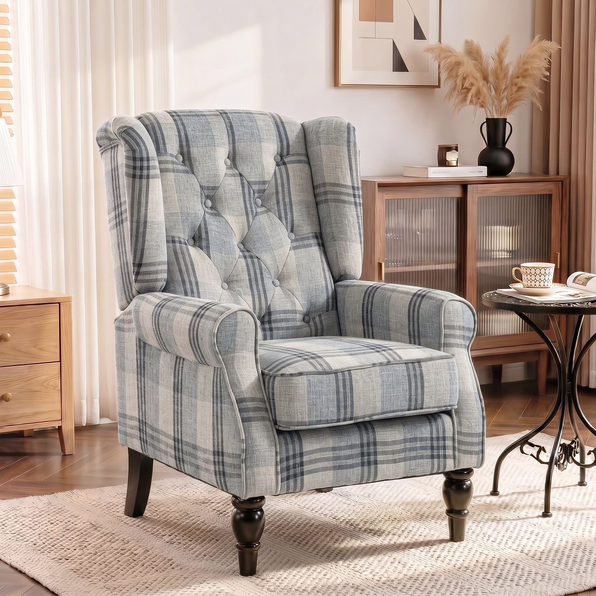 Wingback Accent Chair, Faux Linen Armchair with Thick Spring Cushion, High Back, Solid Wood Legs, Retro Button Tufted Reading Chair for Living Room, Bedroom, Mixed Plaid