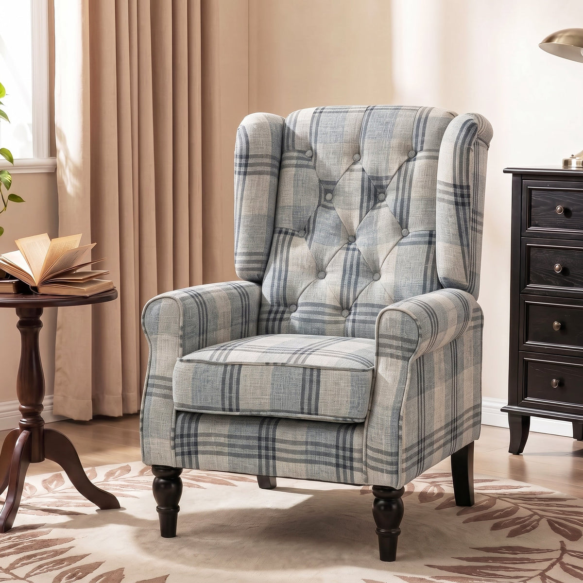 Wingback Accent Chair, Faux Linen Armchair with Thick Spring Cushion, High Back, Solid Wood Legs, Retro Button Tufted Reading Chair for Living Room, Bedroom, Mixed Plaid